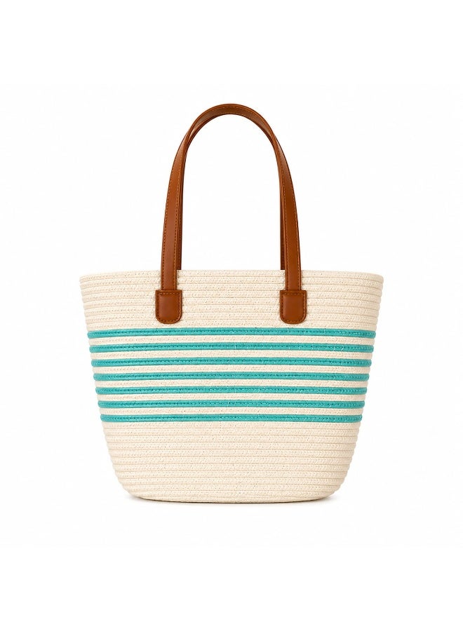 Women's Woven Straw Tote Bag with Turquoise Stripes