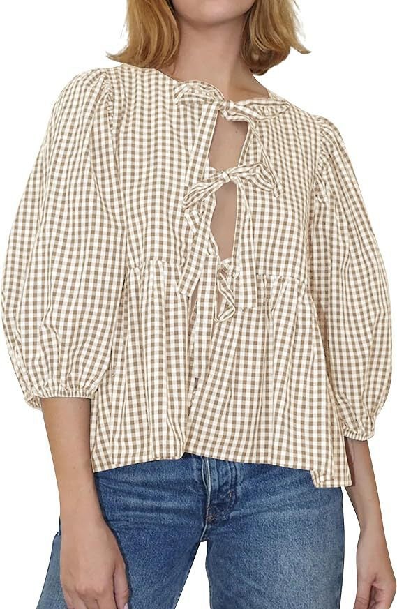 Womens Lace-Up Front Top Leopard Print Ruffled Doll Top 3/4 Length Puff Sleeve YELLOW CHECK
