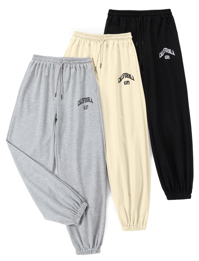EXARUS Girls Sweatpants Joggers Sweat Pants 3 Pack Kids with Pockets Drawstring Baggy High Waisted Preppy Cute Youth 8Y