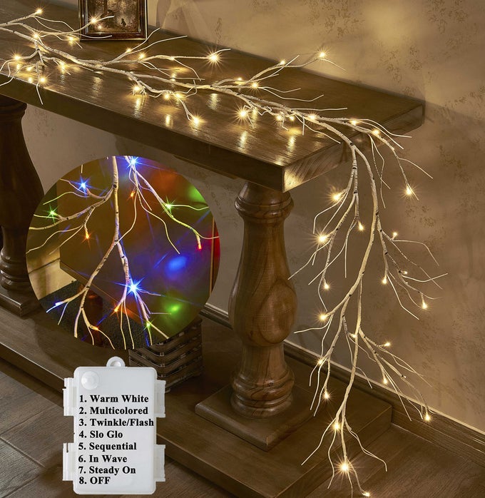 LIGHTED BIRCH GARLAND BATTERY OPERATED WITH 8 FUNCTIONS 48 MULTICOLOR AND WARM WHITE LIGHTS PRELIT TWIG VINE LIGHTS 6FT FOR HOME BEDROOM WALL MANTLE DECORATION