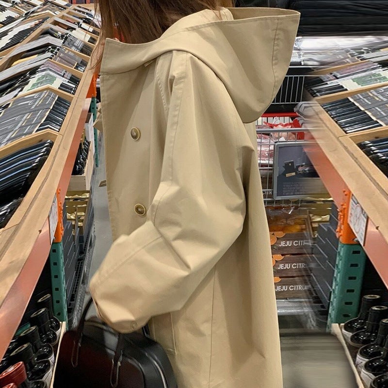 2024 Spring and Autumn New Korean-style Casual All-match Loose Small Womens Mid-length Womens Hooded Coat Jacket Khaki 