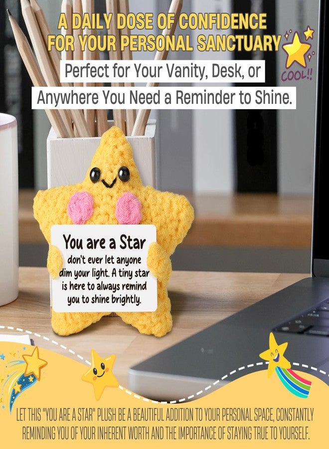 Heartfelt Gifting دمية نجمة كروشيه محشوة مع اقتباس ملهم، رفيق صغير مصنوع يدويًا لتخفيف القلق للأصدقاء والنساء والرجال والبالغين وزملاء العمل والطلاب، هدية داعمة للراحة النفسية بتأكيدات إيجابية - Image 4