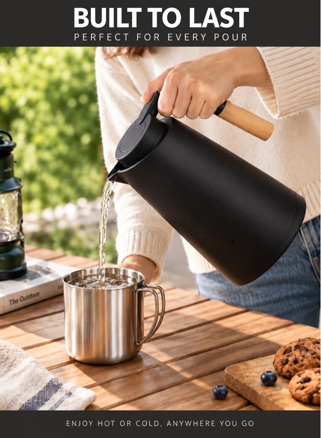 ايست من نون Nordic Style Thermal Coffee Carafe | 1L Glass-Lined Vacuum Insulated Jug with PP Shell & Wooden Handle, One-Handed Push-Button Operation, Leak-Resistant Spout for Coffee, Tea, Milk - Image 5
