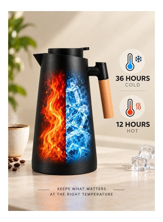 ايست من نون Nordic Style Thermal Coffee Carafe | 1L Glass-Lined Vacuum Insulated Jug with PP Shell & Wooden Handle, One-Handed Push-Button Operation, Leak-Resistant Spout for Coffee, Tea, Milk - Image 2