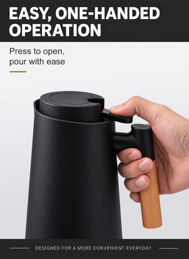 ايست من نون Nordic Style Thermal Coffee Carafe | 1L Glass-Lined Vacuum Insulated Jug with PP Shell & Wooden Handle, One-Handed Push-Button Operation, Leak-Resistant Spout for Coffee, Tea, Milk - Image 4