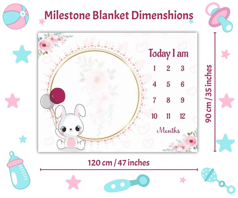 Hoolloomooloo Baby Monthly Milestone Blanket 112 Months Soft AllSeason AC Blanket Ideal for Newborn Boys Girls Perfect Growth Tracker Photoshoot Prop with Bunny Balloon 120x90 cm - Image 3
