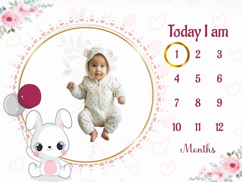 Hoolloomooloo Baby Monthly Milestone Blanket 112 Months Soft AllSeason AC Blanket Ideal for Newborn Boys Girls Perfect Growth Tracker Photoshoot Prop with Bunny Balloon 120x90 cm - Image 2