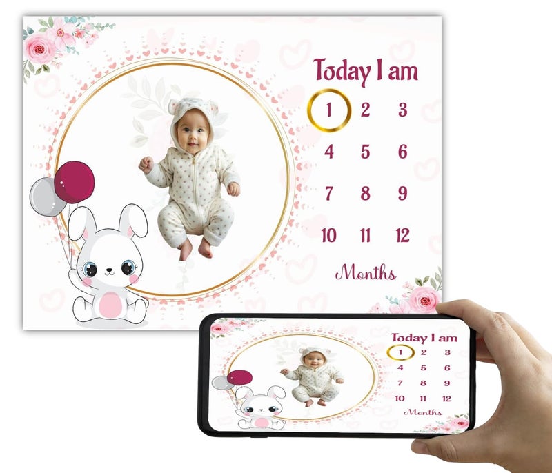 Hoolloomooloo Baby Monthly Milestone Blanket 112 Months Soft AllSeason AC Blanket Ideal for Newborn Boys Girls Perfect Growth Tracker Photoshoot Prop with Bunny Balloon 120x90 cm - Image 1