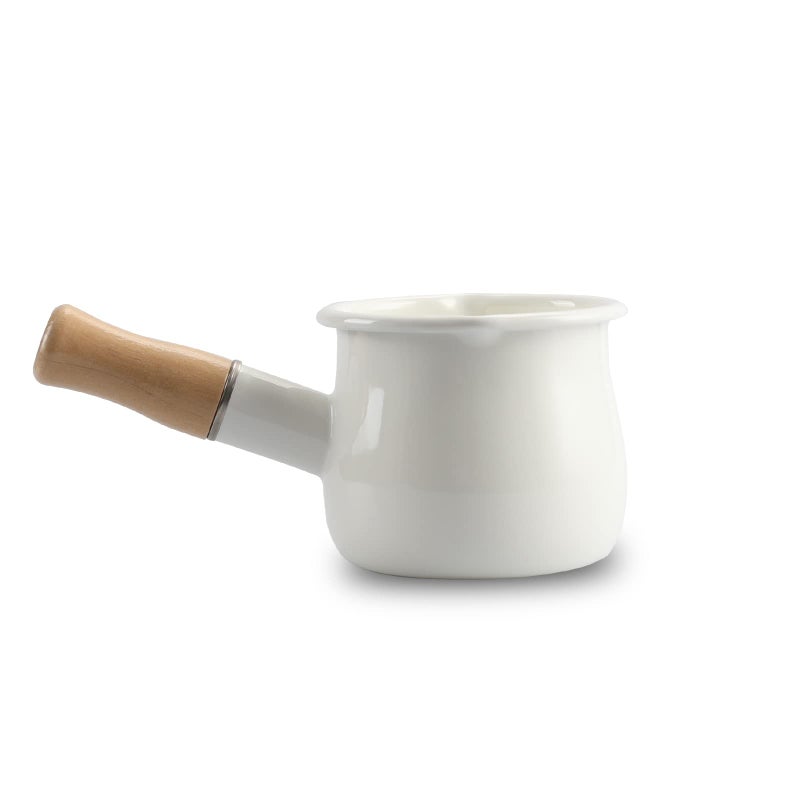 FARCADY 0.6qt Mini Enamel Milk Pot Insulated Wooden Handle 2 Pour Spouts Small Food Warmer Cute Saucepan(D015,White) - Image 1