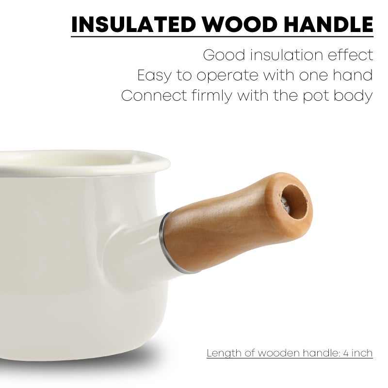 FARCADY 0.6qt Mini Enamel Milk Pot Insulated Wooden Handle 2 Pour Spouts Small Food Warmer Cute Saucepan(D015,White) - Image 3