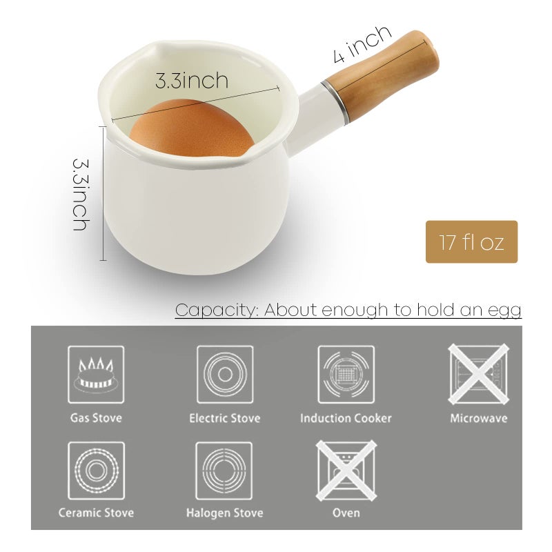FARCADY 0.6qt Mini Enamel Milk Pot Insulated Wooden Handle 2 Pour Spouts Small Food Warmer Cute Saucepan(D015,White) - Image 4