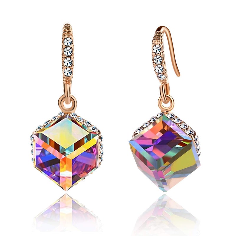 EVEVIC Austrian Crystal Cube Drop Dangle Earrings for Women 14K Gold Plated Hypoallergenic Jewelry (Rainbow/Rose Gold-tone) - Image 1