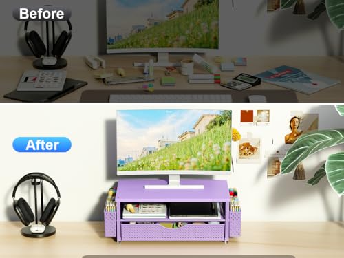 Spacrea Desk Organizer and Accessories Computer Monitor Stand Riser with Drawer and 2 Pen Holders Office Desk Accessories Workspace Organizers for Office Supplies Purple - Image 3
