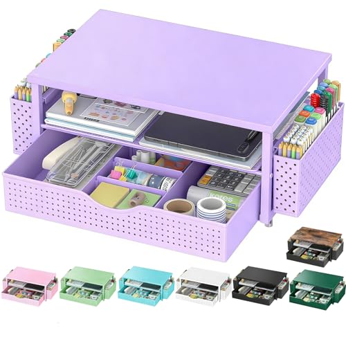 Spacrea Desk Organizer and Accessories Computer Monitor Stand Riser with Drawer and 2 Pen Holders Office Desk Accessories Workspace Organizers for Office Supplies Purple - Image 1
