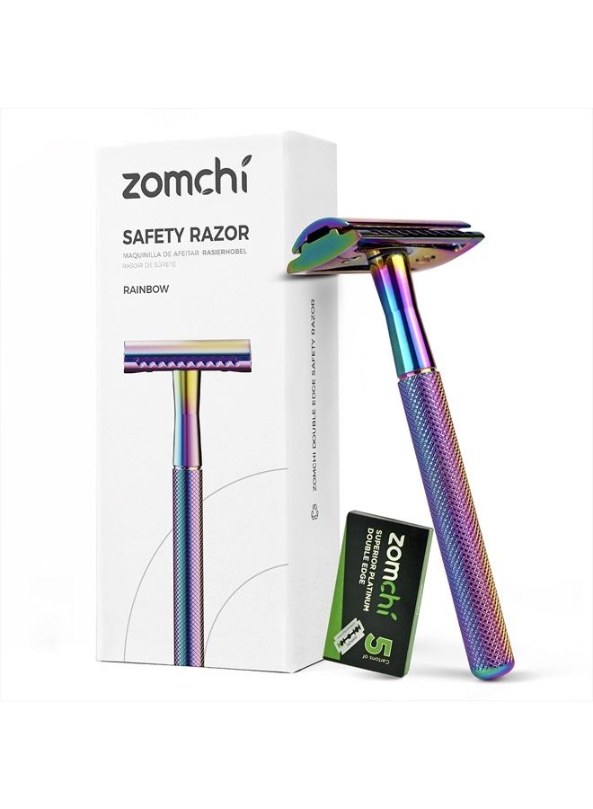 zomchi شفرة حلاقة آمنة مزدوجة الحافة للنساء والرجال، شفرة معدنية بمقبض رائع، شفرة صديقة للبيئة (قوس قزح) - Image 1
