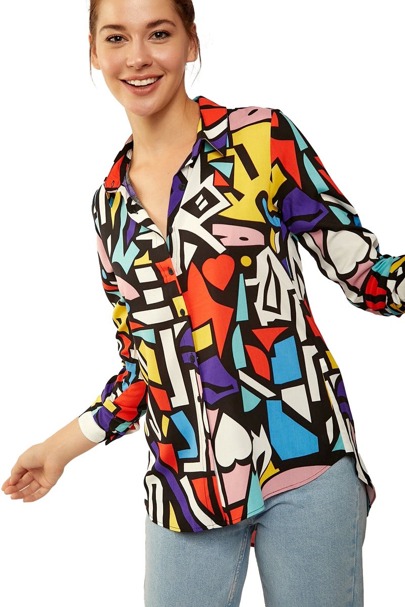 BIG DART Blouses for Women Fashion, Casual Long Sleeve Button Down Shirts Tops, XS-3XL (Red Yellow Mix Colors, Medium) - Image 2