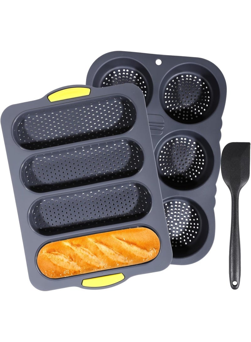 Silicone Hamburger Bun Mold,Set of 3 Silicone Baguette Pan with Spatula Nonstick 4 Wave Baguette Baking Tray 6 Cup Hamburger Bun Mold Bread Pans for Homemade Bread Loaf Sandwich  - Image 1