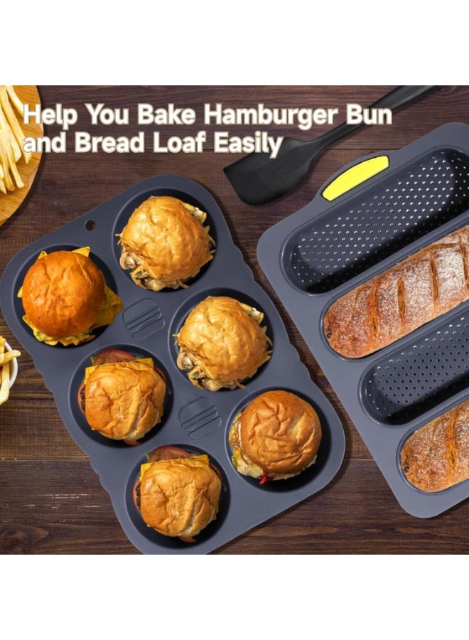 Silicone Hamburger Bun Mold,Set of 3 Silicone Baguette Pan with Spatula Nonstick 4 Wave Baguette Baking Tray 6 Cup Hamburger Bun Mold Bread Pans for Homemade Bread Loaf Sandwich  - Image 4