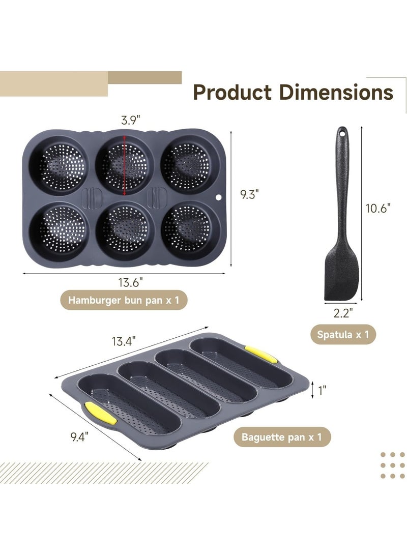 Silicone Hamburger Bun Mold,Set of 3 Silicone Baguette Pan with Spatula Nonstick 4 Wave Baguette Baking Tray 6 Cup Hamburger Bun Mold Bread Pans for Homemade Bread Loaf Sandwich  - Image 2