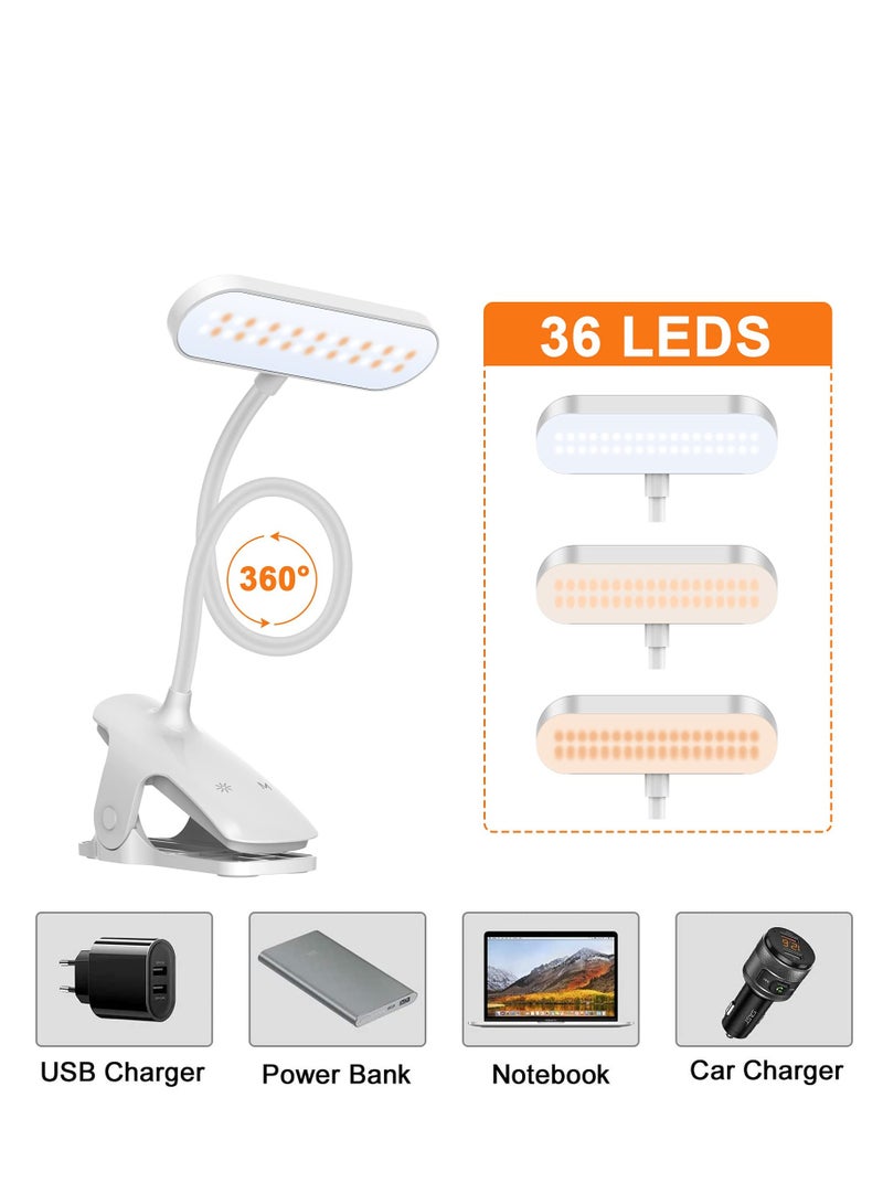 Angmei LED Desk Lamp, 36 LED USB Rechargeable Reading Light with 3 Color Modes 3 Brightness, Eye Protection Book Clamp Clip on Light for Headboard and Video Conference Clip-on USB Rechargeable Reading Light for Headboard Touch Lamp Bed Frame Double Dormitory Desk Bedside (White) - Image 4