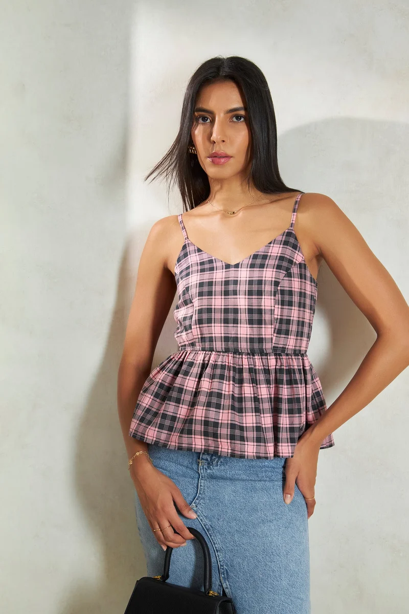 فيرجيو Checks Cotton Peplum Vneck Fitted Waist Top for Women