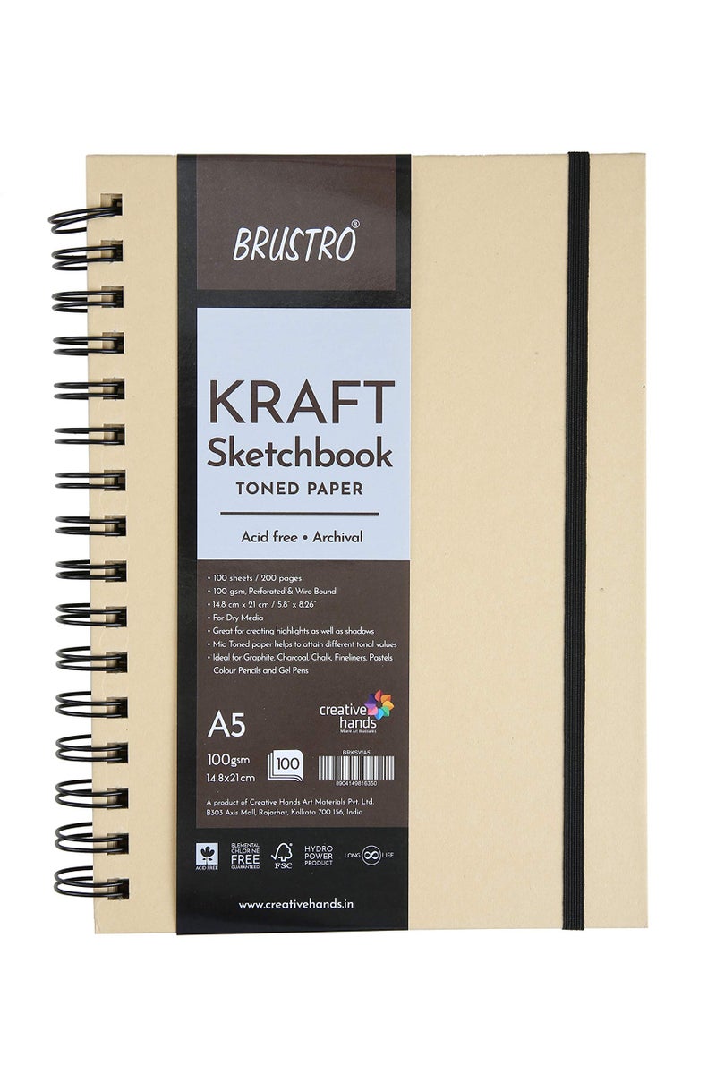 BRUSTRO دفتر رسم كرافت - ورق تونيد | A5، 100 GSM | 100 ورقة/200 صفحة | ملزم بأسلاك، حلزوني، ورق فاخر، خالي من الأحماض، مثالي للوسائط الجافة، فن الماندالا، الجرافيت، الفحم، أقلام الألوان، أقلام الجل - Image 1