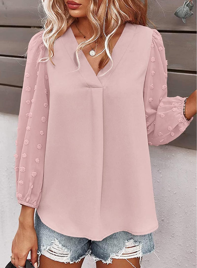 Samefar Women's Casual V Neck Long Sleeve Shirt Pom Pom Tops Loose Flowy Blouses Summer Pink, Medium - Image 3