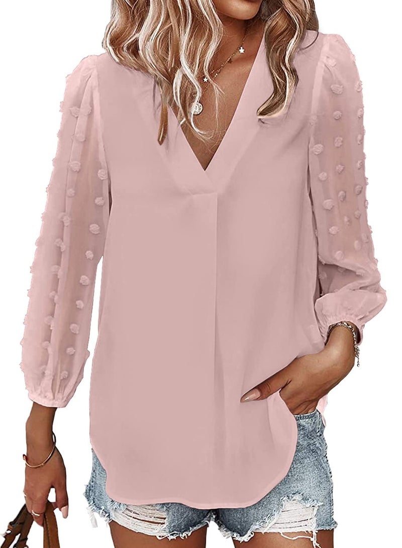 Samefar Women's Casual V Neck Long Sleeve Shirt Pom Pom Tops Loose Flowy Blouses Summer Pink, Medium - Image 5