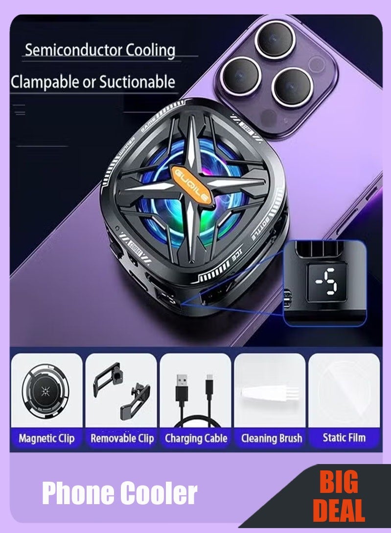 Phone Cooler for Gaming Magnetic Back Clip Dual Purpose Phone Cooling Fan Digital display temperature Mobile Cooling Fan without Noise for Playing Games Tiktok for Universal iPhone/Android Smartphone - Image 1
