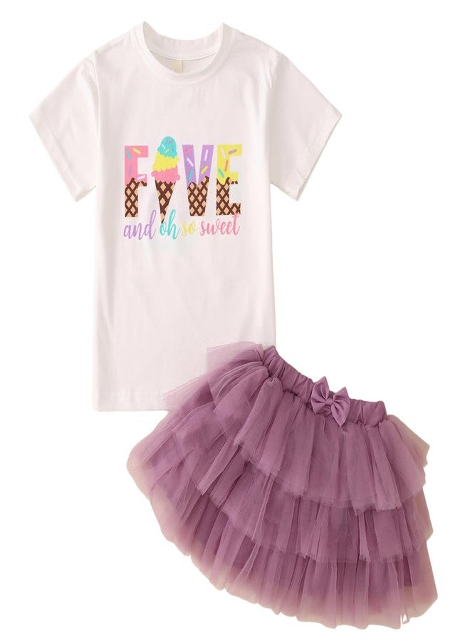 KEKEMI Toddler Girl Birthday Outfits 2nd 3rd 4th 5th 6th 7th Ice Cream Birthday Shirts Tutu Skirt Set Cake Smash 2Pcs Outfit(Purple,5T) - Image 1