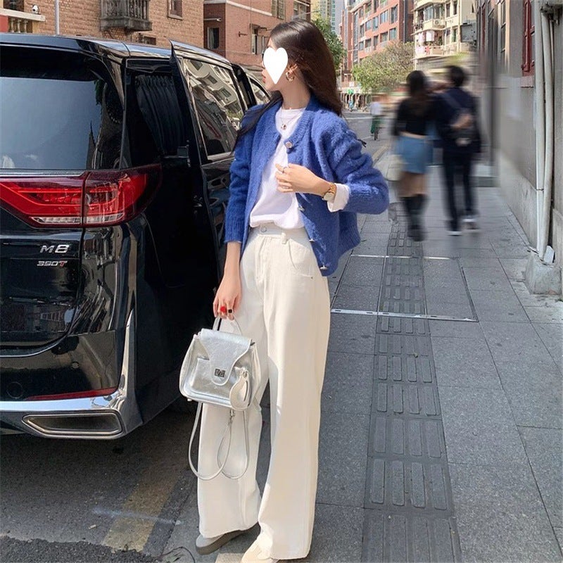 Spring Korean-style Soft Waxy Short Cardigan Jacket Womens Early Spring Commuter All-match Hair Needle Top Jeans Three-piece Suit single jeans - Image 3