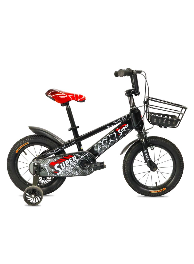 Vaux Super 16-Inch Kids Bike | 16-Inch Wheel Size| Adjustable Seat | With Basket, Handbrake, Mudguards And Training Wheels | Black Color - Image 1