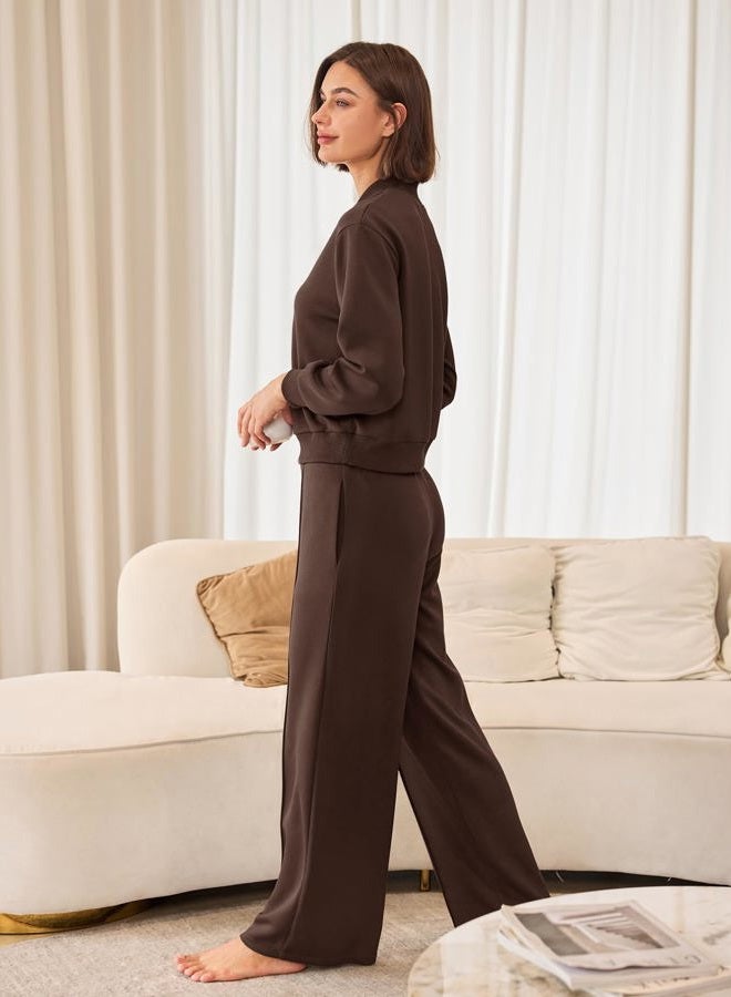 Yanekop Womens Lounge Sets 2 Piece Outfits Fall Travel Outfit Comfy Sweat Sets Half Zip Pullover and Wide Leg Pants, Chocolate Brown, M - Image 4