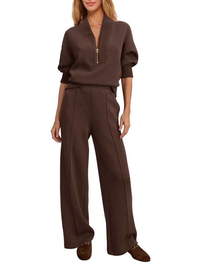 Yanekop Womens Lounge Sets 2 Piece Outfits Fall Travel Outfit Comfy Sweat Sets Half Zip Pullover and Wide Leg Pants, Chocolate Brown, M - Image 1