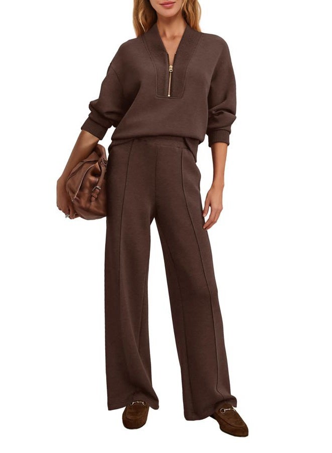 Yanekop Womens Lounge Sets 2 Piece Outfits Fall Travel Outfit Comfy Sweat Sets Half Zip Pullover and Wide Leg Pants, Chocolate Brown, M - Image 2