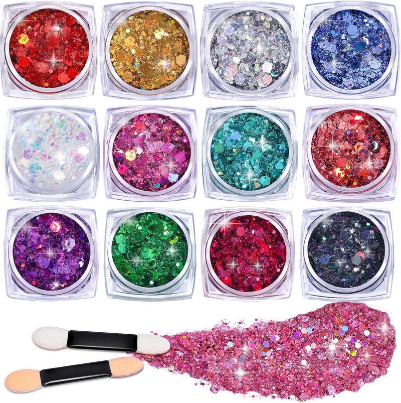 LEOBRO 12Pcs Chunky Body Glitter Gel Festival Glitter for Face Eye Body Hair Sequins for Makeup 3MM2MM1MM02MM