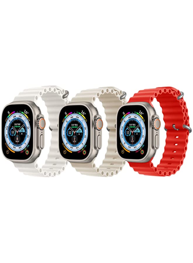 IAF Silicone Ocean Band Strap Snow White , Silicone Ocean Band Strap Pearl White and Silicone Ocean Band Strap Red for Apple Watch Ultra 8 49mm Set of 3