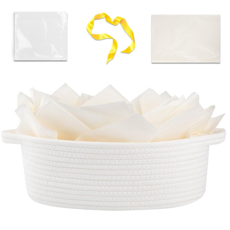 OIAHOMY Gift Basket Empty with Handle, 12"x 8"x 5" Small Woven Basket with Gift Bag, Ribbon and Wrap Tissue Paper, Dog Toy Storage for Organizing - White - Image 1