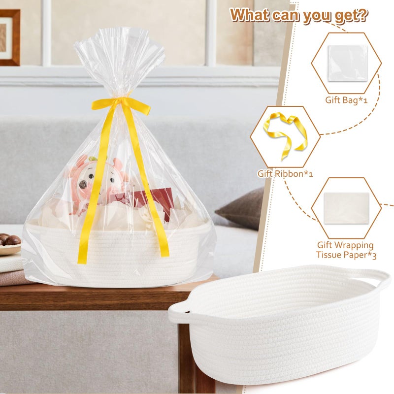 OIAHOMY Gift Basket Empty with Handle, 12"x 8"x 5" Small Woven Basket with Gift Bag, Ribbon and Wrap Tissue Paper, Dog Toy Storage for Organizing - White - Image 2