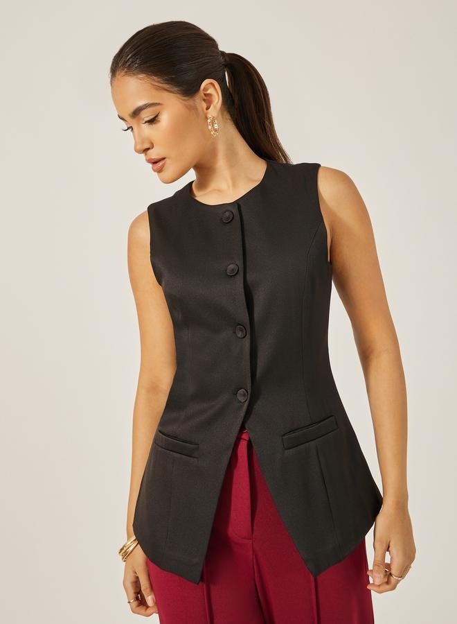 Styli Round Neck Buttoned Placket Longline Top  - Image 3