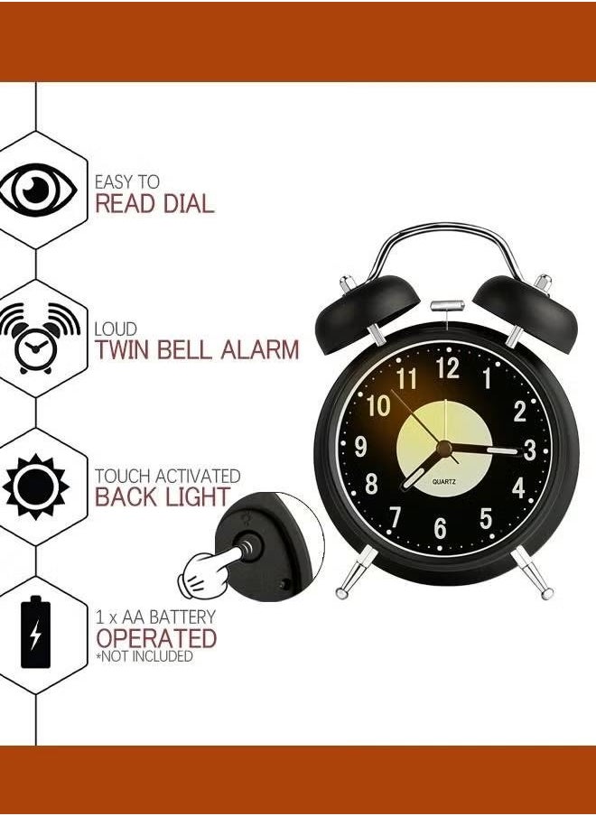 Twin Bell Alarm Clock, Loud Alarm Clock with Backlight, Silent Clock for Bedroom Home or Office, Great for Heavy Sleepers