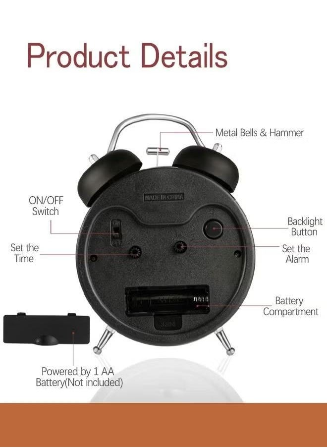 Twin Bell Alarm Clock, Loud Alarm Clock with Backlight, Silent Clock for Bedroom Home or Office, Great for Heavy Sleepers