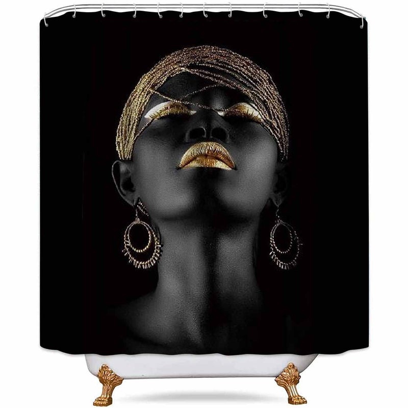 NTETSN Black Afro Girl Shower Curtain Black Girl Golden Lips Decor Set with 12 Hooks 72 X 72 in Washable Polyester Fabric Bathroom Accessories LHNT40672
