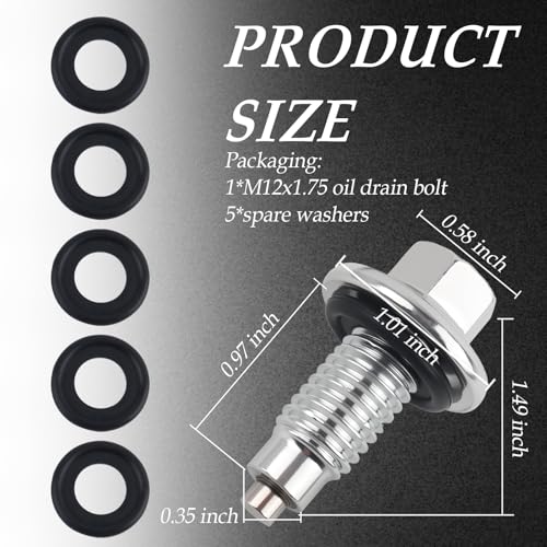 Figpade M12*1.75 Car Magnetic Oil Drain Plug with 5PCS Oil Drain Plug Gasket OEM#EJ7Z-6730-A,Sturdy Magnetic Oils Pan Drains Plugs Compatible with GMC Ford,Essential Car Oils Plugs Bolt (Magnetic M12) - Image 2