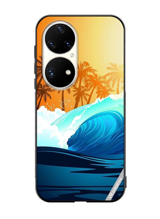 Protective Case Cover For Huawei P50 Pro Tropical Surfing Wave At Sunrise With Palm Tree Design Multicolour