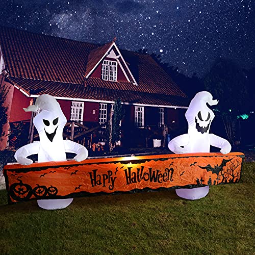 MUMTOP 8 Ft Long Inflatable Outdoor Halloween Decoration, Inflatables Ghost with Happy Halloween Decorations Blow Up with Built-in LED Lights for Yard Party Holiday Garden Decor - Image 1