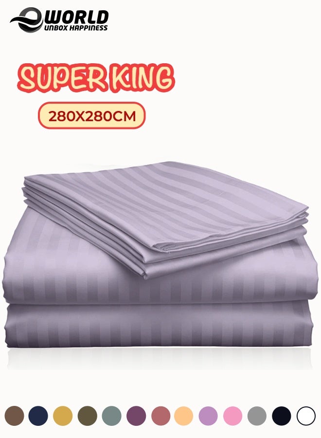 Eworld 3 Piece Super King Lilac Striped Bed Sheet Set – Ultra-Soft Microfiber Striped Sheet & 2 Pillowcases, Breathable Luxury Bedding for Home & Hotel Use - Image 1