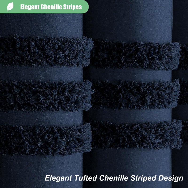 Dynamene Navy Blue Fabric Startain Stafted Chenille Stringed Screens Serties Stertains for Bathroom Boho Farmhouse Right - Image 1