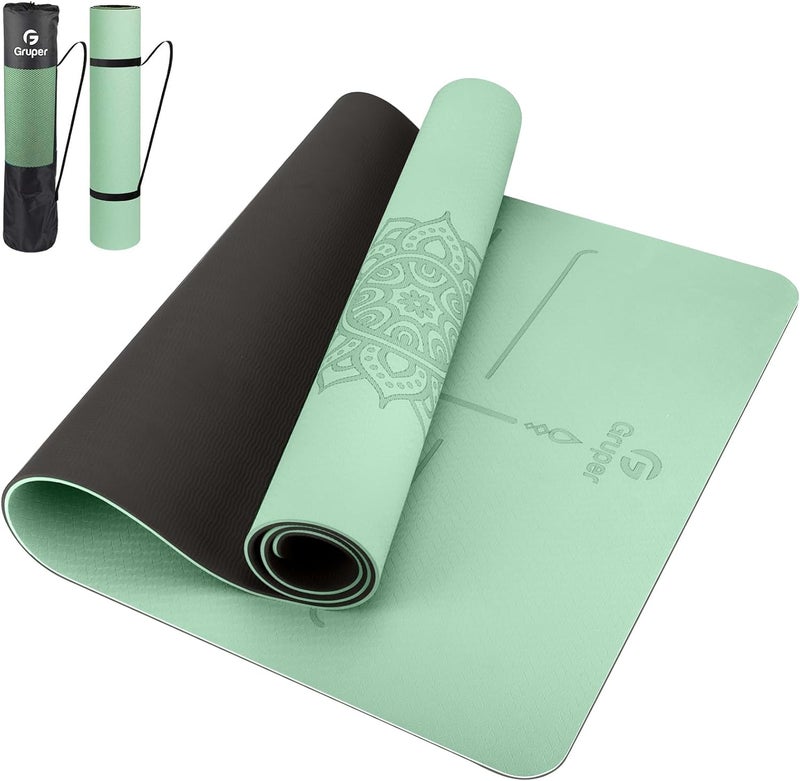 Gruper Yoga Mat Non Slip TPE Extra Wide Yoga Mat with Alignment Mark, 72"L x 32"W x 0.32"/0.24"Th (183cm x 80cm x 8mm/6mm), Anti-Tear Exercise Mat with Carrying Strap and Bag, Workout Mats for Yoga, Pilates - Image 1