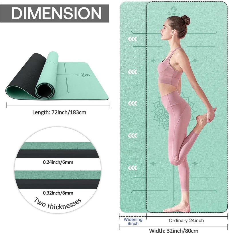 Gruper Yoga Mat Non Slip TPE Extra Wide Yoga Mat with Alignment Mark, 72"L x 32"W x 0.32"/0.24"Th (183cm x 80cm x 8mm/6mm), Anti-Tear Exercise Mat with Carrying Strap and Bag, Workout Mats for Yoga, Pilates - Image 3